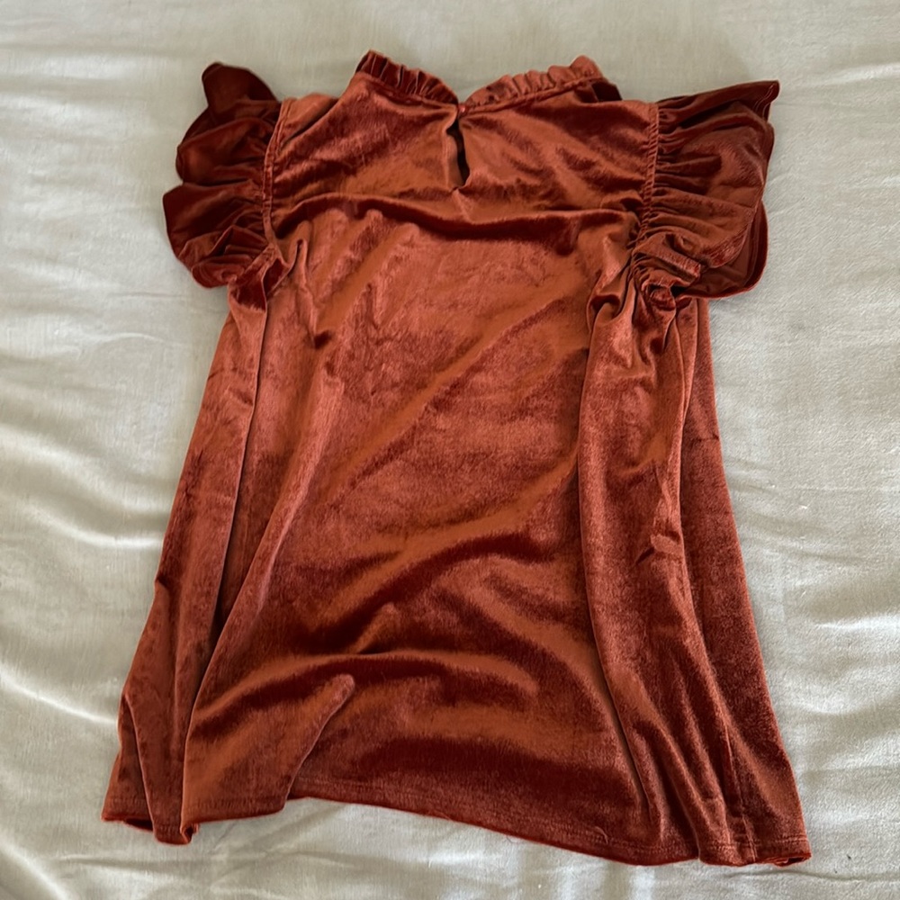 Rust velvet short sleeved top with ruffles and flutter sleeves sz m